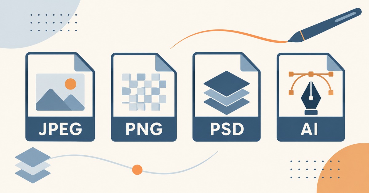JPEG・PNG・PSD・AIのファイルアイコンとペンを描いたイラスト
